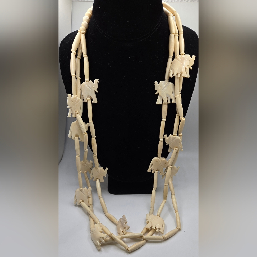 🐘 Carved Bone Elephant Necklace Handmade Triple Strand 32" Length